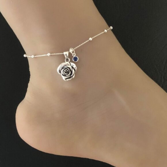 Rose Anklet, Sterling Silver Beaded Ankle Bracelet, Birthstone Ankle Chain - Picture 6 of 16